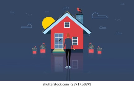 A young man walks towards a house... a house with birds above it. A house, a farm, and a young man