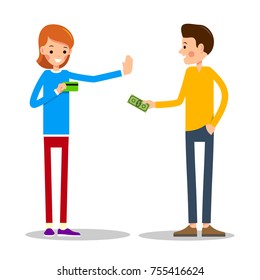 Young man wants to pay for the goods in cash. Young girl-seller warns and shows that calculation is made only with help of credit card. Illustration in flat style. Isolated
