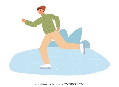 Hombre joven en ropa caliente patinando al aire libre. Deportes de invierno. Ilustración vectorial plana.