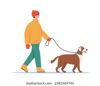 Young man in warm clothes walking with dog. Guy with cute dog on leash in winter cold weather. Pet and owner together. Vector flat illustration isolated on white background.