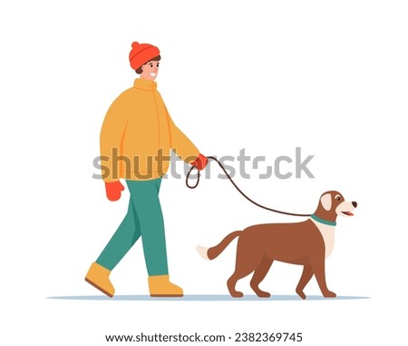 Young man in warm clothes walking with dog. Guy with cute dog on leash in winter cold weather. Pet and owner together. Vector flat illustration isolated on white background.