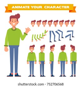 Young Man in a warm sweater. Front, side, back, 3/4 view animated character. Constructor with various views,  face emotions, poses. Cartoon style, flat vector illustration.