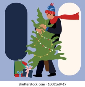 Young man in warm winter clothes,knit hat and scarf makes holiday shopping.Carrying Christmas tree from street market.Presents boxes with bow lie around.Gifts delivery.Templates for your text,promo