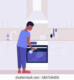 Young man washes the oven in the kitchen. Housekeeping concept. Colorful flat vector illustration