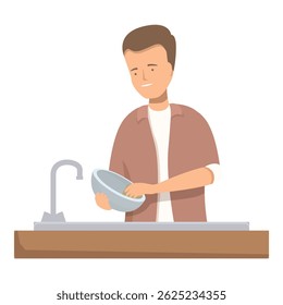 Young man washing dishes in kitchen sink wearing casual clothing