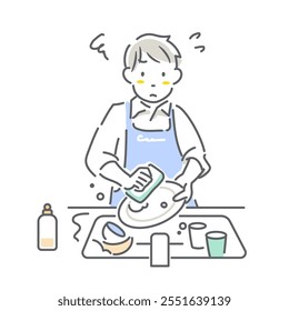 A young man washing dishes, taking parental leave, simple and stylish line drawing illustration