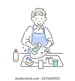 A young man washing dishes, taking parental leave, simple and stylish line drawing illustration