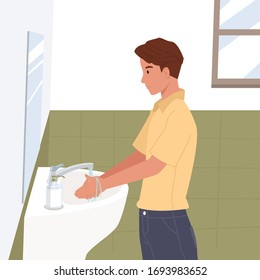 Young man washing hands at home cleaning hand under running water in bathroom sink. Prevention against virus and infection. Hygiene concept. Vector illustration in a flat style