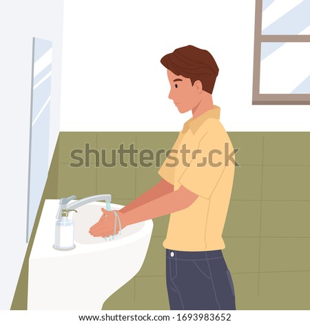 Young man washing hands at home cleaning hand under running water in bathroom sink. Prevention against virus and infection. Hygiene concept. Vector illustration in a flat style