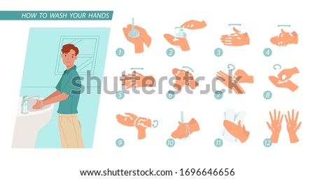 Young man washing hands. Infographic steps how washing hands properly. prevention against virus and infection. Hygiene concept.  Vector illustration in a flat style