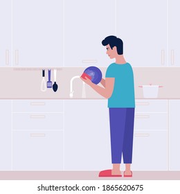 Young man washing a plate in the kitchen. Housekeeping concept. Colorful flat vector illustration
