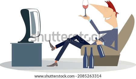 Young man watches TV and drinks alcohol illustration. 
Smiling person sits in an armchair in front of TV with a glass of alcohol and bottles isolated on white
