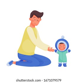 Young Man Watching Baby Steps Vector Illustration. Dad Nursing His Kid