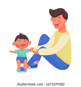 Young Man Watching Baby Steps Vector Illustration. Dad Nursing His Kid