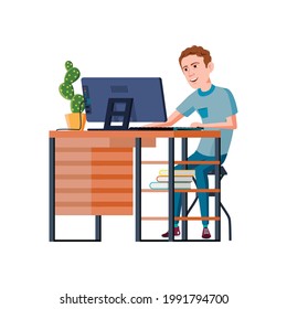 young man watching educational webinar on computer cartoon vector. young man watching educational webinar on computer character. isolated flat cartoon illustration
