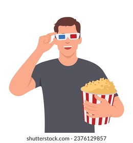 Junge Menschen sehen Film in 3D-Brille und sitzen in einem Stuhl. Mann, der im Kino sitzt und einen Film ansieht Flache Vektorgrafik einzeln auf weißem Hintergrund