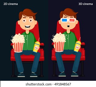 Young Man Watching Movie In 3D Glasses And Sitting In A Chair. Man Sitting In The Cinema And Watching A Movie, 2D And 3D Cinema. Colorful Vector Illustration, Flat Style, EPS10