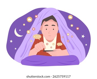 Young Man Watching Social Media Content and Chatting on Smartphone Before Sleep at Night for Social Media Addiction and FOMO Concept Illustration