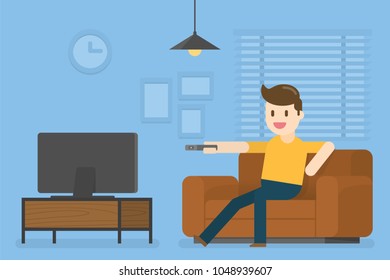 Young Man Watching Television At Home. Vector Illustration Concept Of People Lifestyle. 