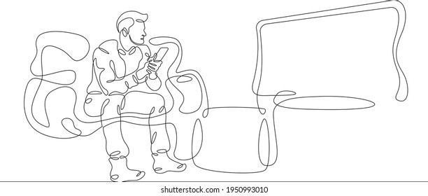 Young man watching television at home on the couch. One continuous drawing line  logo single hand drawn art doodle isolated minimal illustration.