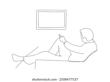 Young man watching television at home on the couch. Television box for news and show translation. One continuous drawing line logo single hand drawn art doodle isolated minimal illustration. 