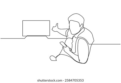 Young man watching television at home on the couch, Continuous line of man relaxing watching television, vector line art of man relaxing in tv room.