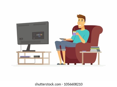 Young man watching TV - cartoon people character isolated illustration on white background. A smiling handsome person sitting on a chair, relaxing, drinking coffee or tea. Free time concept