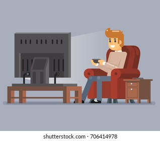 Young Man Watching TV Playing Game Sit Armchair Character Cartoon Flat Design Vector Illustration