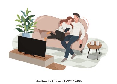 Young man watching TV and woman using a tablet on a sofa at home. Vector Illustration. 