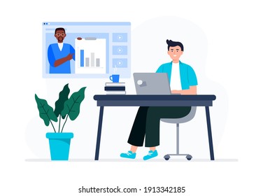 A young man is watching video lessons. Online education, e-learning, studying at home. Vector flat illustration.