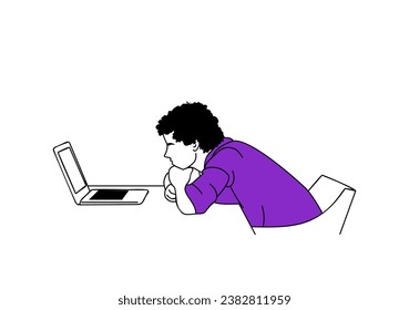 Young man watching video, seminar on laptop vector