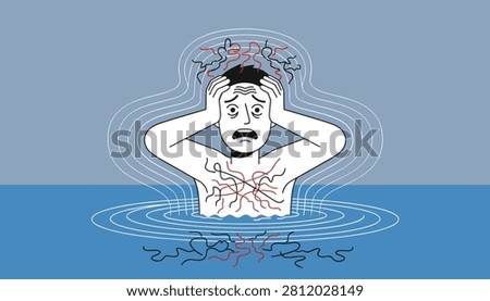 Young man in water clutching his head in panic and stress with chaotic lines representing overwhelming anxiety or mental crisis.