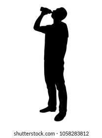 Young man with water drink bottle silhouette vector