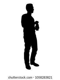 Young man with water drink bottle silhouette vector