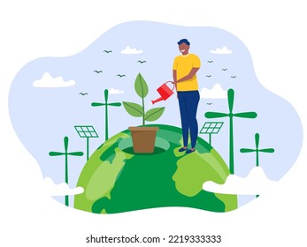 young man water the plants on green world and care for the earth happy earth day environmental protection and care nature concept flat vector illustration