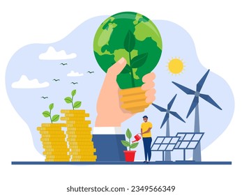 young man water the plants on green world and care for the earth happy earth day environmental protection and care nature concept flat vector illustration