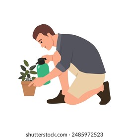 Young man watering Ficus plant kneeling. Flat vector illustration isolated on white background