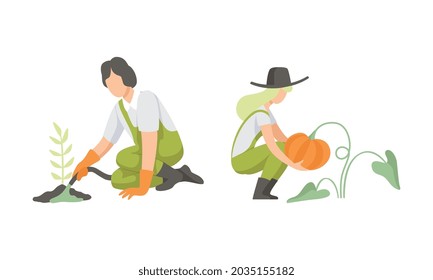 Young Man Watering Garden Bed from Hose and Woman Growing Pumpkin Engaged in Horticulture Vector Set