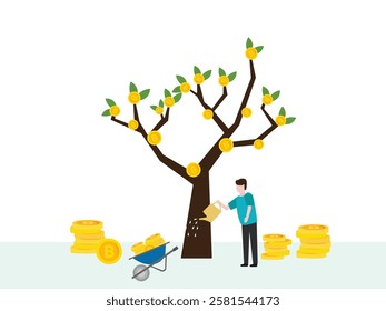 Young man watering green tree with bitcoin cryptocurrency. Bitcoin investment and profit concept.