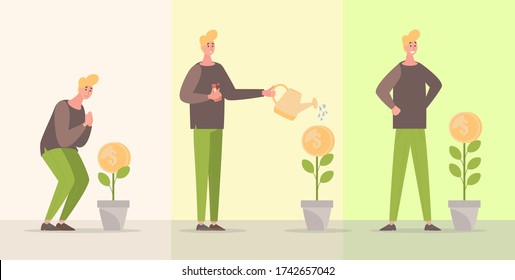 Young man watering money coin tree, making savings and his asset growing vector flat illustration. Businessman grows his investments. Income from investment, earnings, economic growth concept.