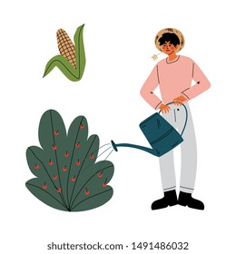 Young Man Watering Plants with Can, Guy Working in Garden or Farm Vector Illustration