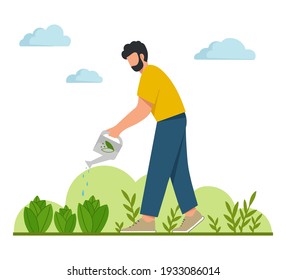 Young man watering plants in the garden. Gardening or horticulture concept. Flat vector illustration.