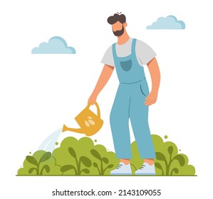 Jóvenes regando plantas en el jardín. Crecer y cuidar de flores o hierbas. El concepto de jardinería o horticultura. Ilustración vectorial plana.