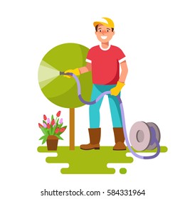 Young man watering plants in  garden hose with sprinkle . Concept of professional gardener. Vector illustration in flat style