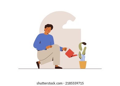 Young man watering a potted flower. Teenage boy takes care of a houseplant. Vector illustration