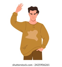 The young man waves with one hand while holding the other in his pocket. Greeting. A male character in casual clothes. Human poses. Posing. Vector flat illustration