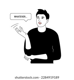 Young man waving hand in uncertainty. Vector cartoon illustration of human gesture isolated on white background. Happy smiling male character.