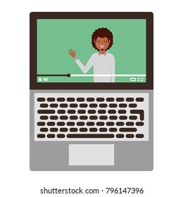young man waving happy in laptop avatar character