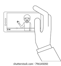 young man waving happy in smartphone avatar character