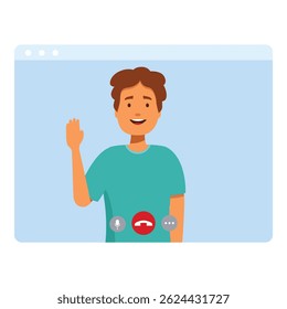 Young man is waving hello during a video call on his computer, potentially for work or a virtual hangout with friends